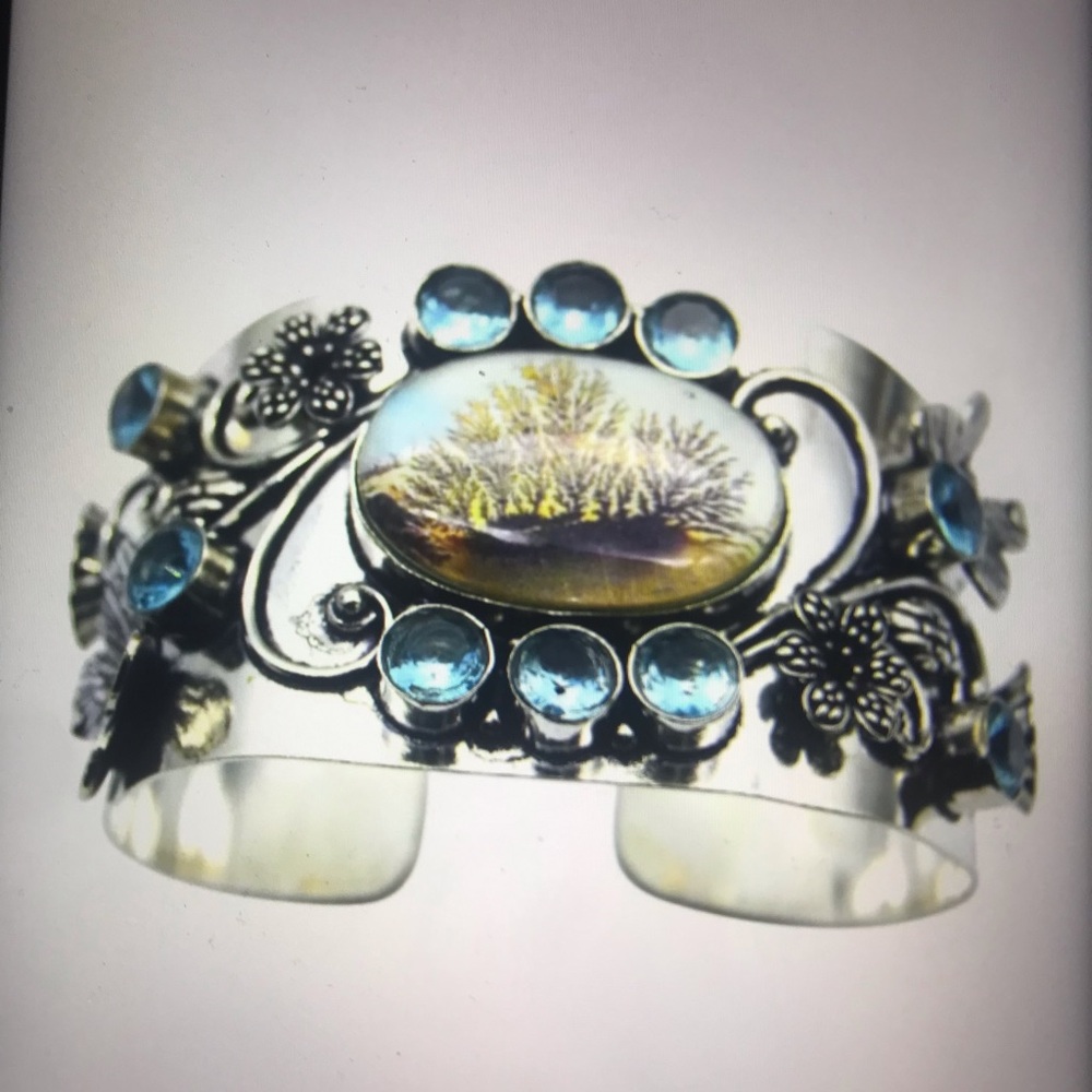 Dendritic Opal Blue Topaz Stamped 925 Sterling Silver Cuff Bracelet